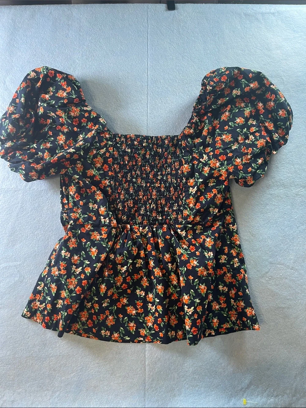Old Navy Black Floral Puff Sleeve Blouse with Orange Flowers